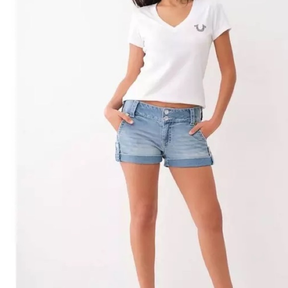 [W29]True Religion Gray/Blue Linen Cotton Sammy Shorts Wide Fold Hem - Picture 8 of 8